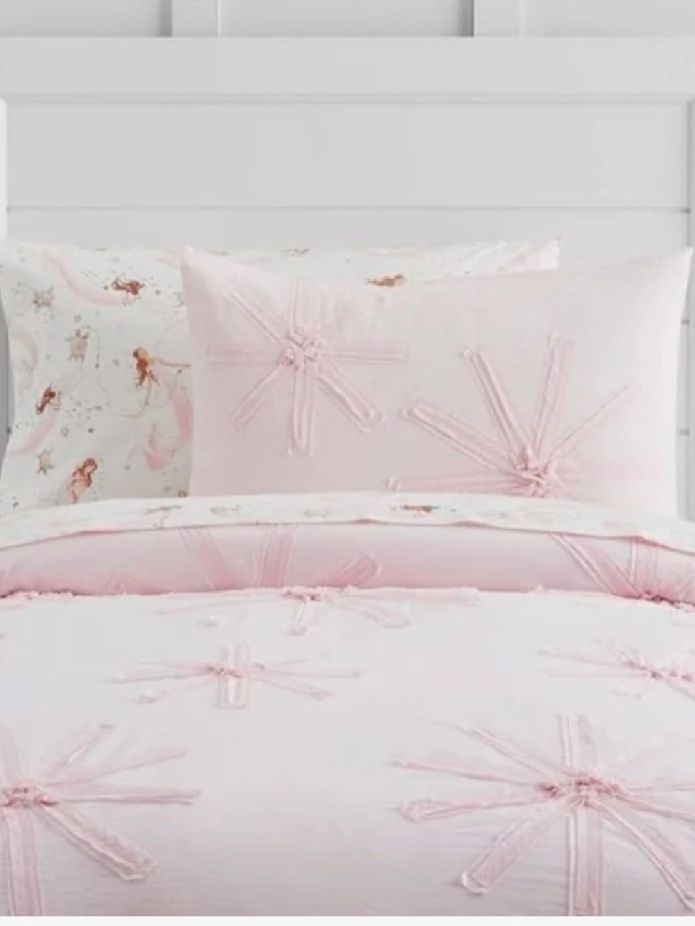Queen Pottery Barn Kids Pale Blush Pink Tufted Floral Duvet Cover Set